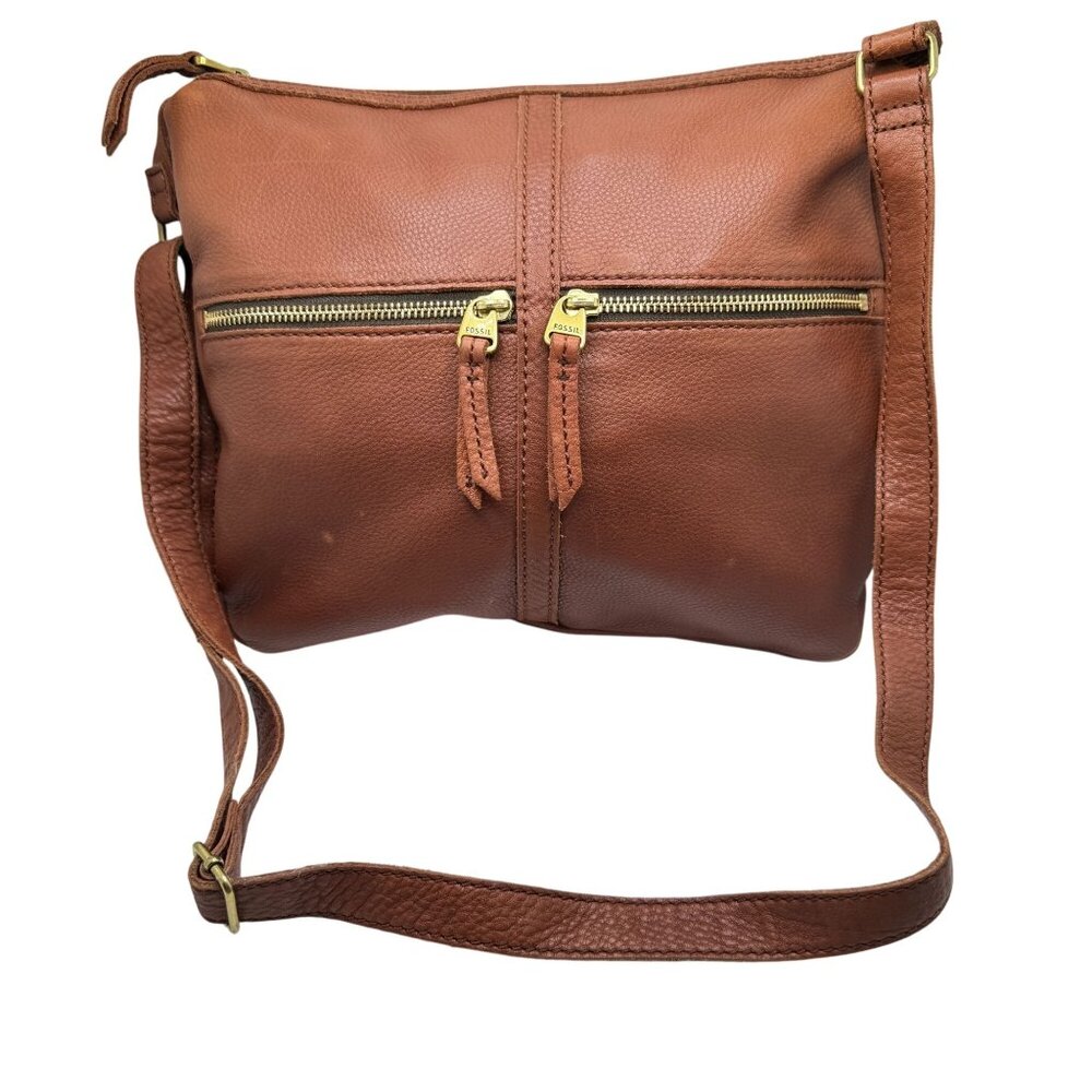 Fossil Light Brown Pebbled Leather Front Zipper Pockets Crossbody Bag Vtg